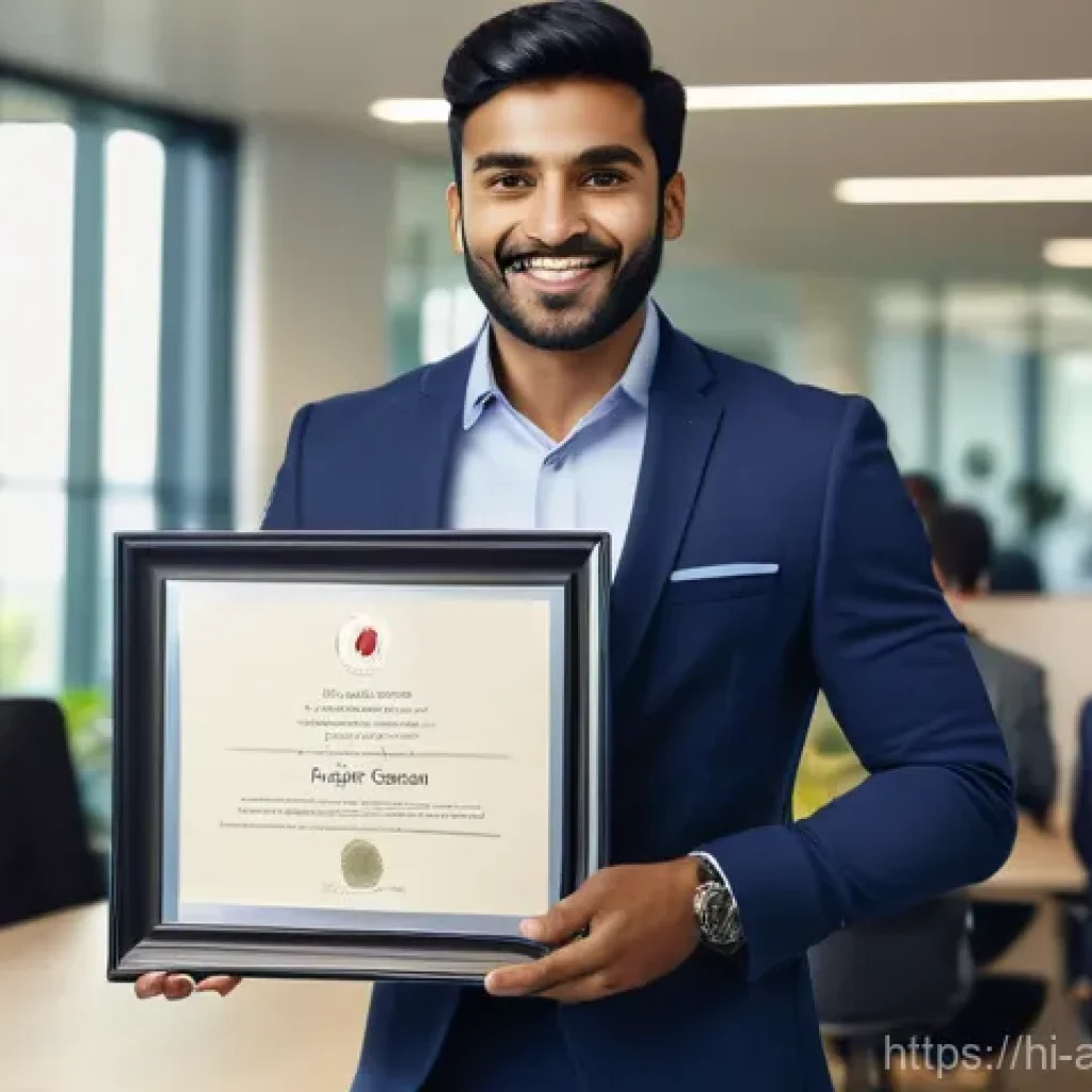 행정관리사와 유사 자격증 비교 - A confident and smiling young professional, of Indian descent, elegantly dressed in a tailored blaze...