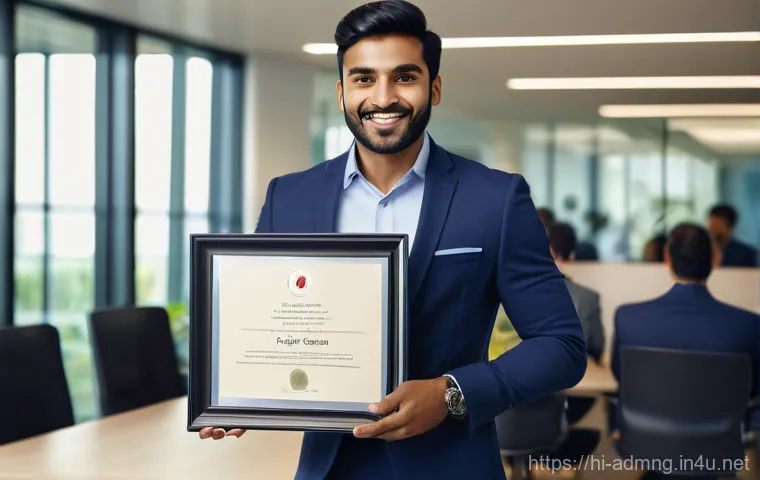 행정관리사와 유사 자격증 비교 - A confident and smiling young professional, of Indian descent, elegantly dressed in a tailored blaze...