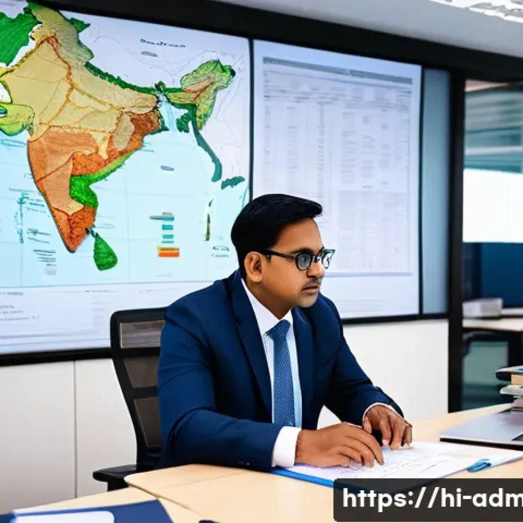 행정관리사와 공무원 업무 차이 - A detailed office scene featuring an administrative manager in formal Indian attire, sitting at a la...