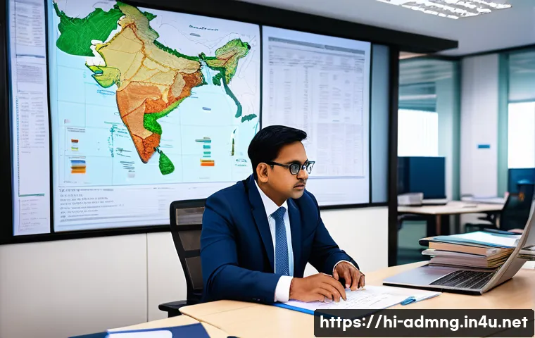 행정관리사와 공무원 업무 차이 - A detailed office scene featuring an administrative manager in formal Indian attire, sitting at a la...