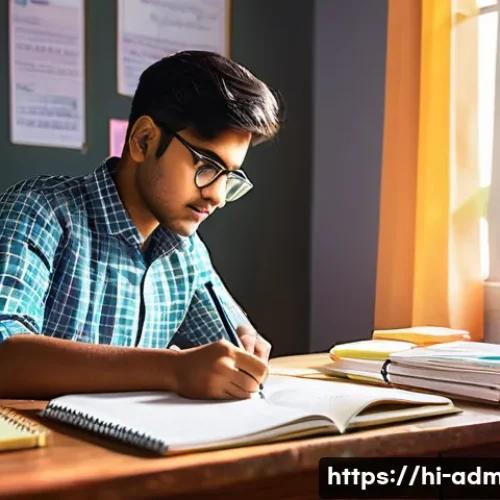 Home 32 행정관리사 시험 후기 공유 - A focused Indian student sitting at a wooden study desk in a bright, cozy room decorated with motiva...