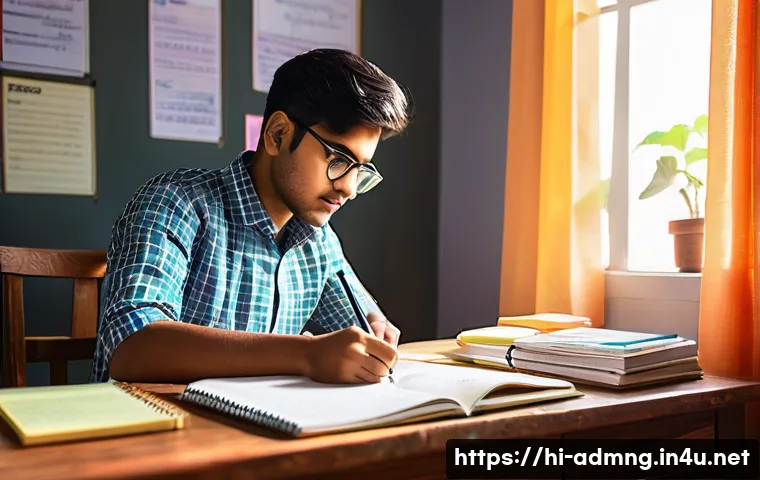 행정관리사 시험 후기 공유 - A focused Indian student sitting at a wooden study desk in a bright, cozy room decorated with motiva...