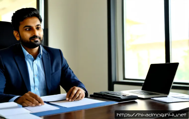 Home 17 행정관리사 직무 전환의 장단점 - Photorealistic Indian professional in a modern office, mid-career worker transitioning into an admin...