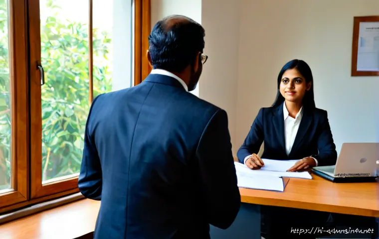 행정관리사 직무 경험 인터뷰 - Photorealistic job experience interview in a modern Indian office, a confident middle-aged administr...