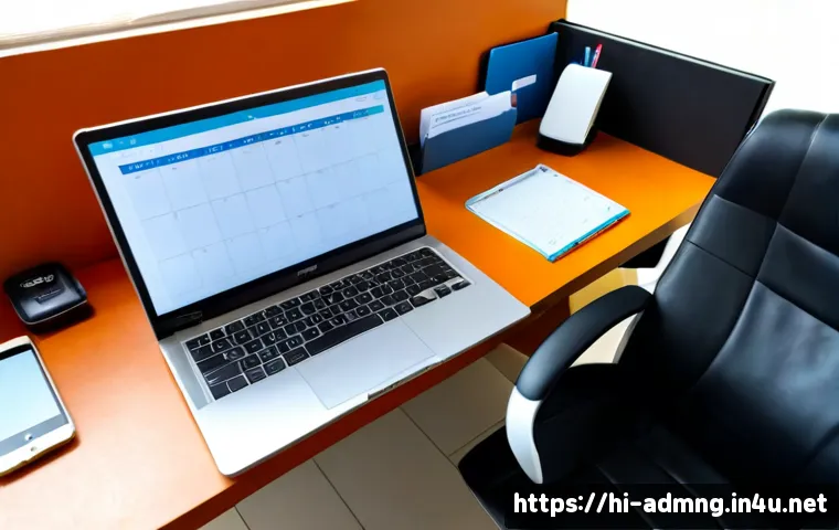 Home 17 행정관리사 실무에서 자주 쓰는 도구 - Photorealistic modern administrative office desk in India, neatly arranged laptop with blank screen,...